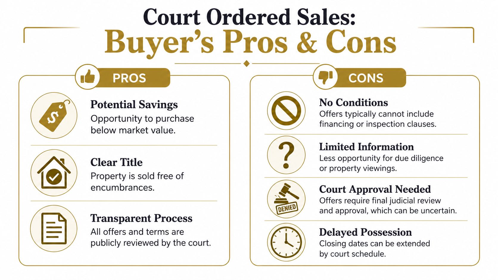 An infographic detailing the pros and cons for buyers involved in court ordered property sales.
