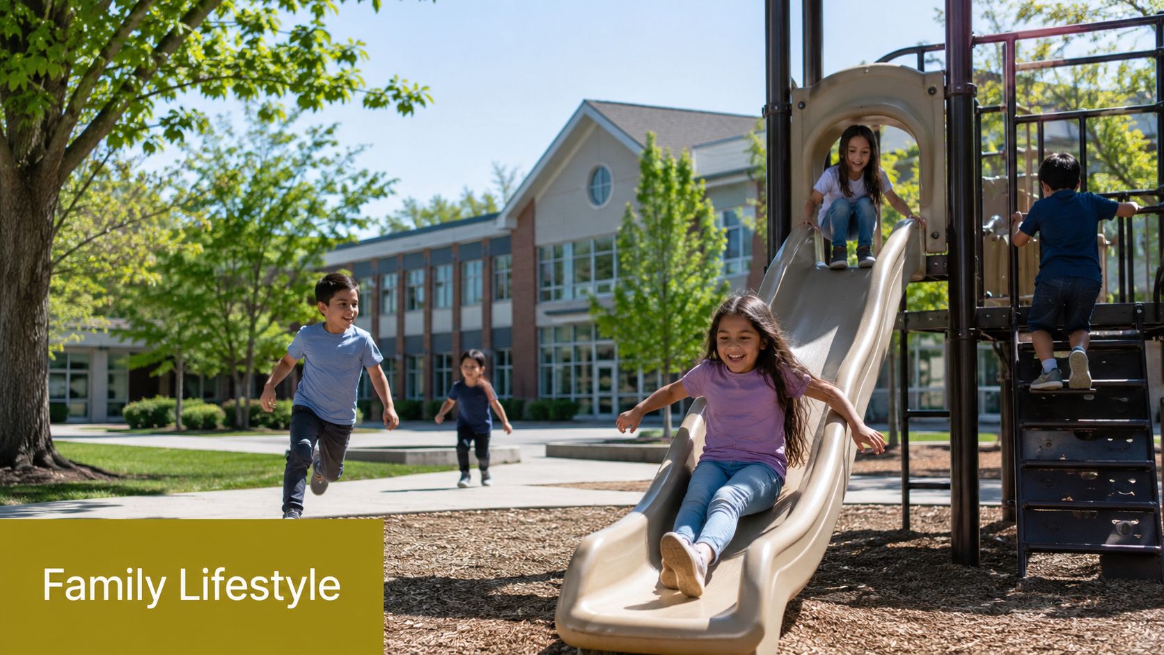 A group of happy children playing on a playground in front of a modern school building.